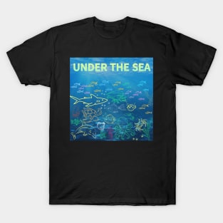 under the sea,blue sea,sea creatures,Turtle, puffer fish, starfish, shrimp, shark, tropical fish, sea horse, seaweed, sardines, squid, crabs, clams T-Shirt